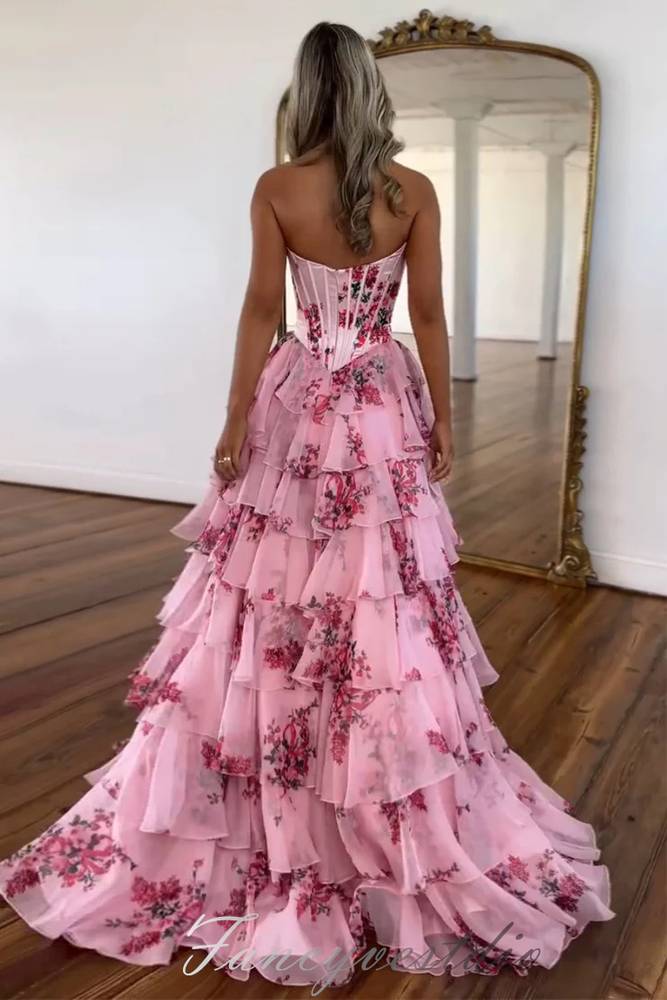 Sweetheart A-Line Chiffon Floral Print Ruffle Prom Dress with Slit