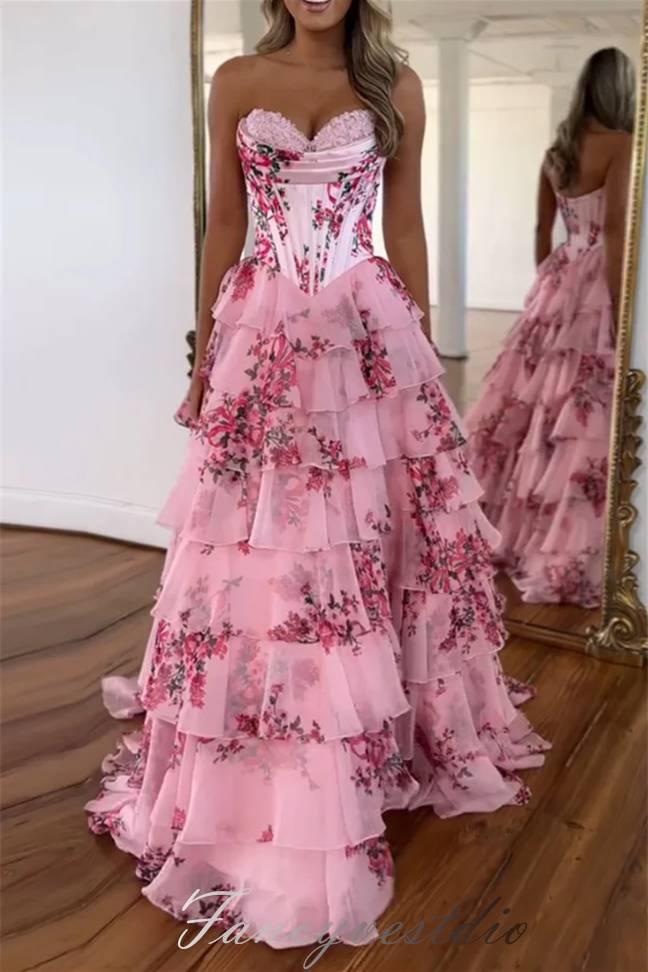 Sweetheart A-Line Chiffon Floral Print Ruffle Prom Dress with Slit