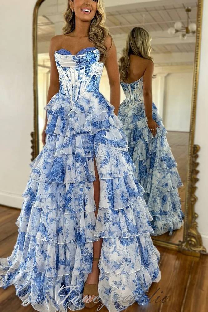 Sweetheart Blue Floral Print Ruffle Prom Dress with Slit