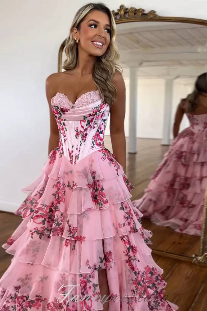 Sweetheart A-Line Chiffon Floral Print Ruffle Prom Dress with Slit