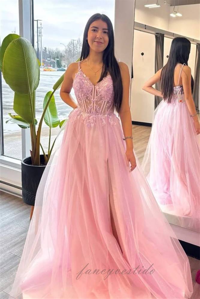 Pink Spaghetti Straps Applique Prom Dress with Slit