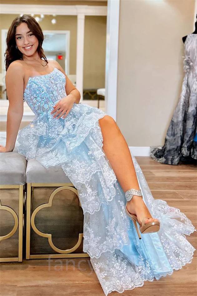 Strapless Light Blue Applique Ruffle A-Line Prom Dress with Slit