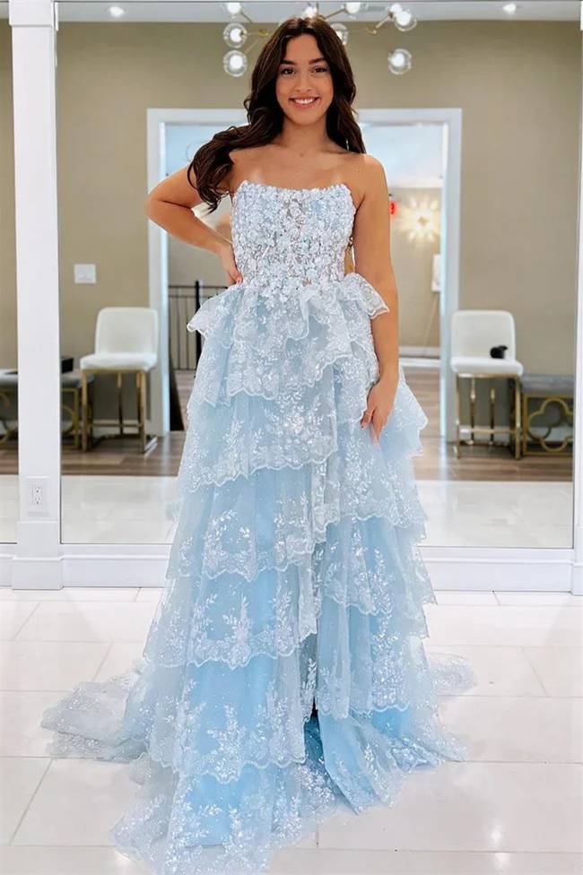 Strapless Light Blue Applique Ruffle A-Line Prom Dress with Slit