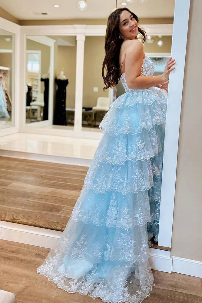 Strapless Light Blue Applique Ruffle A-Line Prom Dress with Slit