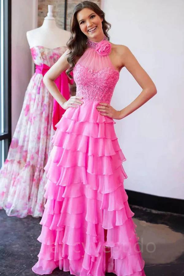 Halter Applique Ruffle Chiffon A-Line Prom Dress