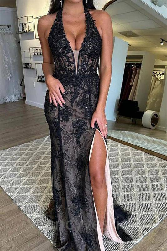 Black Lace Applique Halter Mermaid Prom Dress with Slit