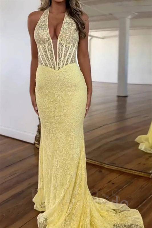 Halter Yellow Lace Applique Sheath Mermaid Prom Dress