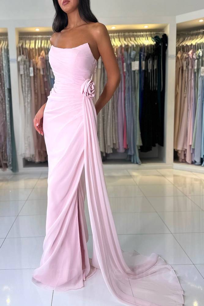 Strapless Pink Chiffon Mermaid Prom Dress with Train