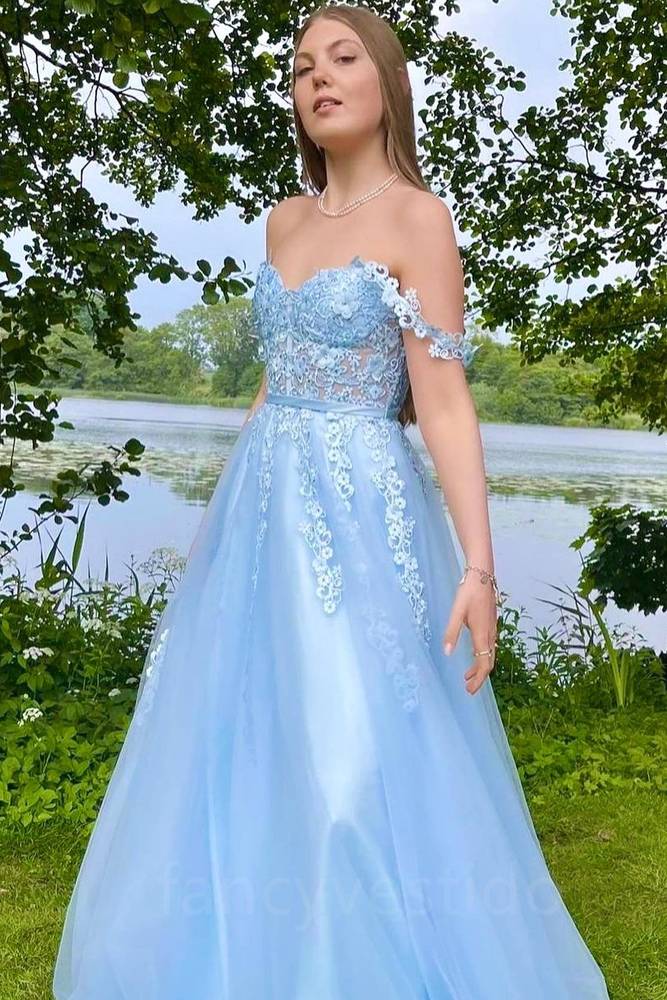 Light Blue Applique A-Line Prom Dress with Off Shoulder