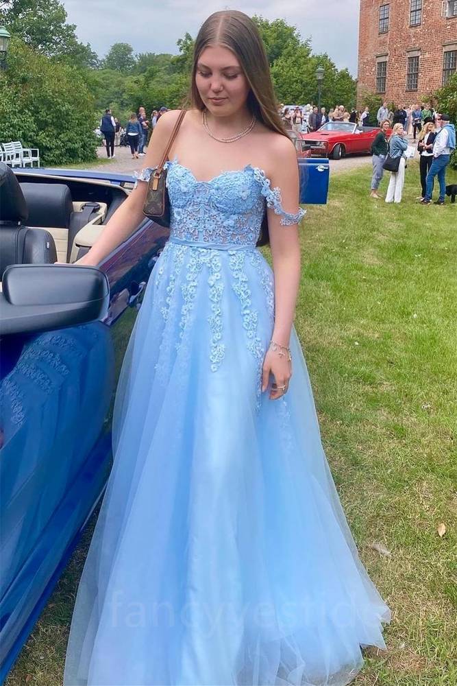 Light Blue Applique A-Line Prom Dress with Off Shoulder