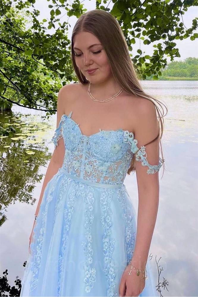 Light Blue Applique A-Line Prom Dress with Off Shoulder