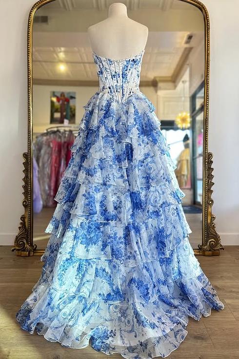 Sweetheart Blue Floral Print Ruffle Prom Dress with Slit