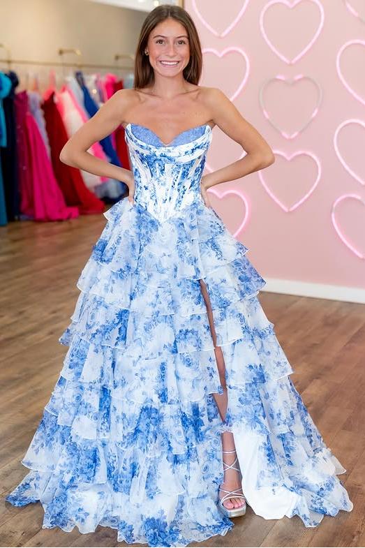 Sweetheart Blue Floral Print Ruffle Prom Dress with Slit