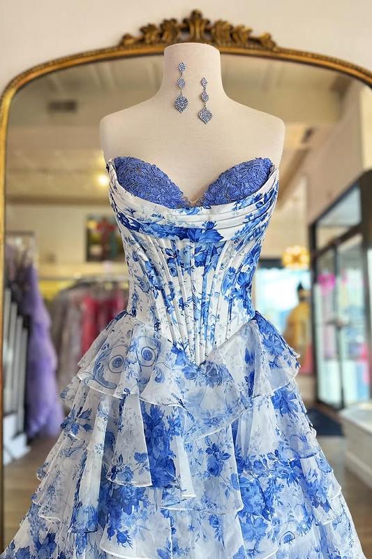 Sweetheart Blue Floral Print Ruffle Prom Dress with Slit