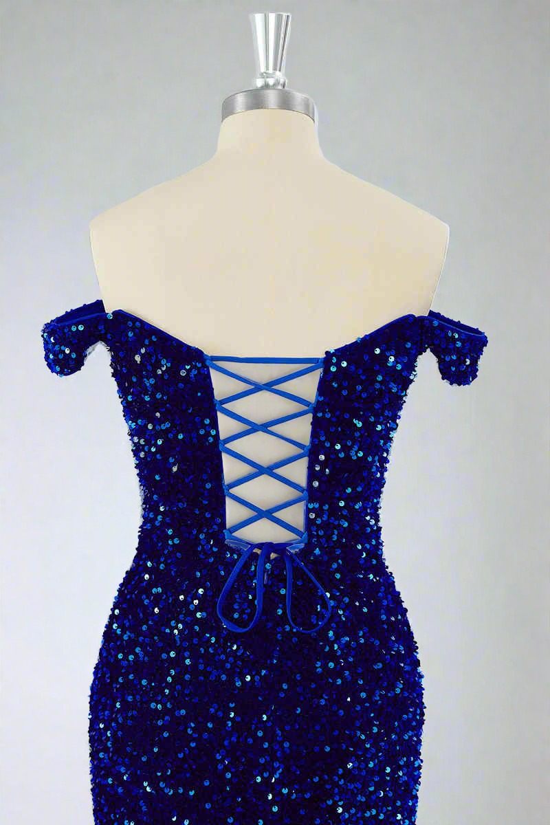 Fitted Royal Blue Off-the-Shoulder Sequin Mini Dress Close Up Back Short