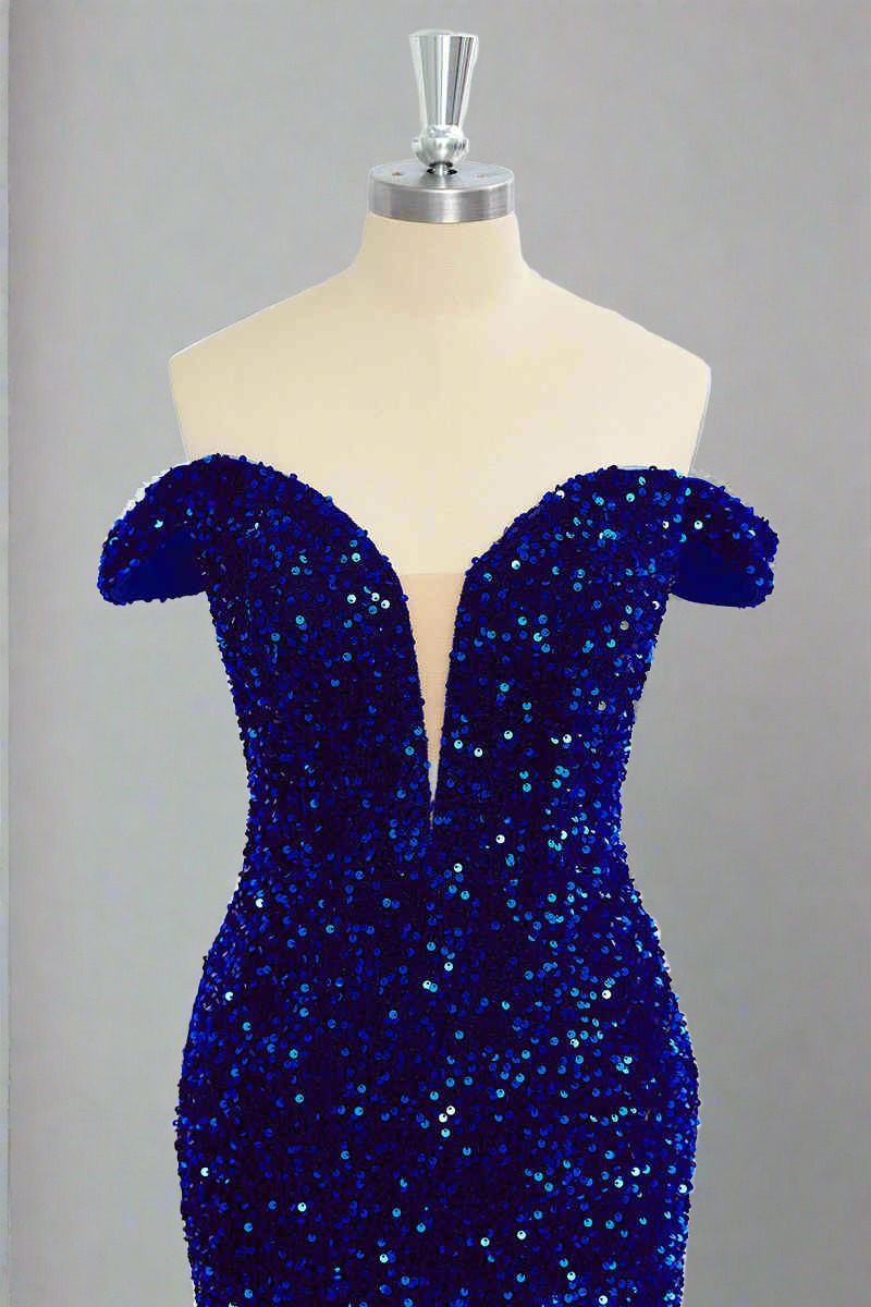 Fitted Royal Blue Off-the-Shoulder Sequin Mini Dress Front Shot