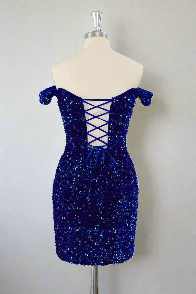 Fitted Royal Blue Off-the-Shoulder Sequin Mini Dress Full Back Shot