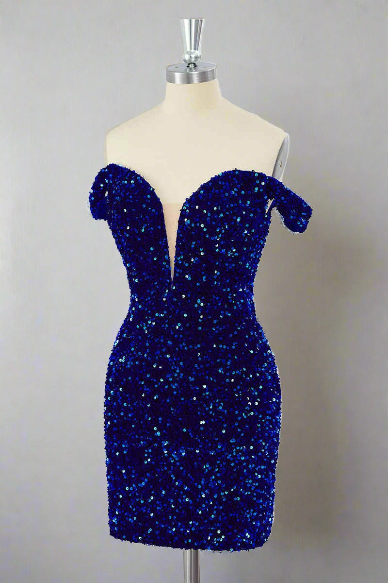 Fitted Royal Blue Off-the-Shoulder Sequin Mini Dress Full Side Shot
