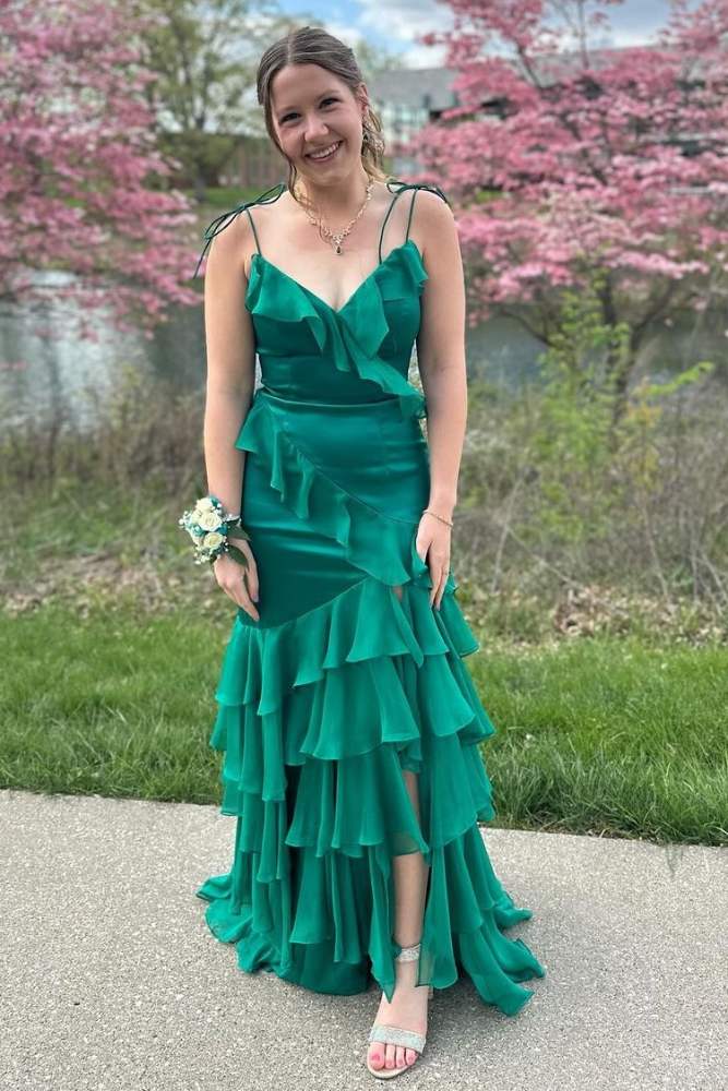 Green V-Neck Chiffon Ruffle Prom Dress with Slit