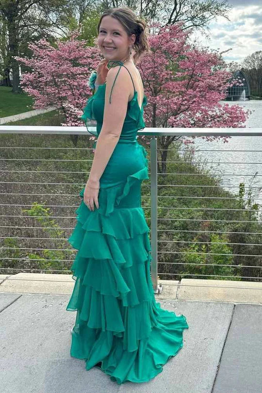 Green V-Neck Chiffon Ruffle Prom Dress with Slit