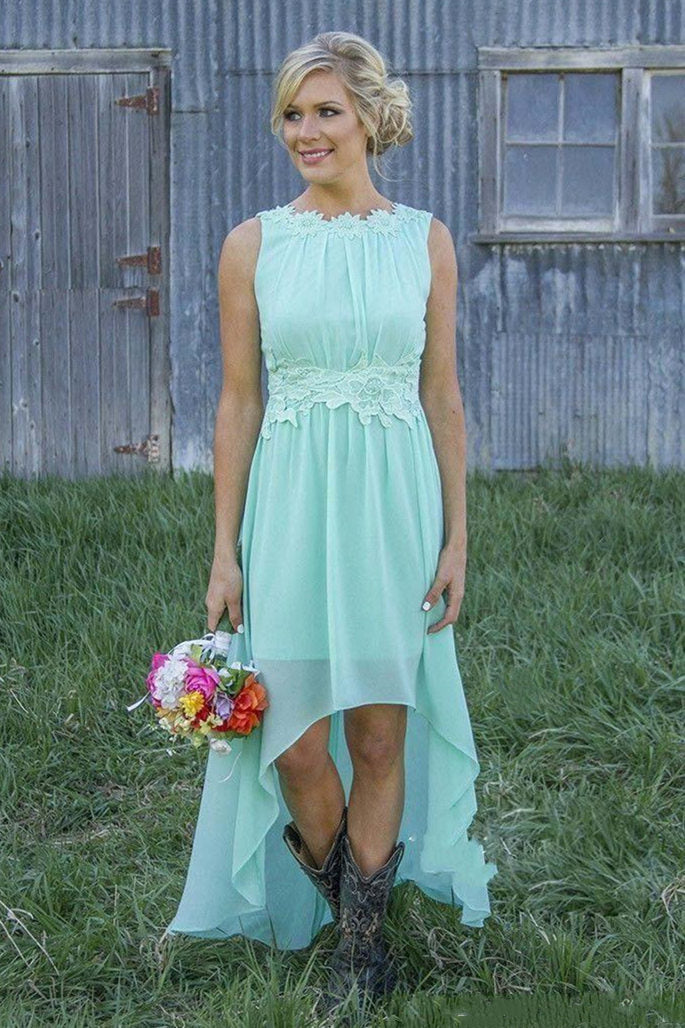 High Low Long Bridesmaid Dress with Appliques