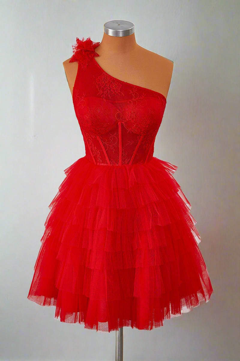 One Shoulder Red Lace Corset Ruffle Short Homecoming Dress Full Front Shot