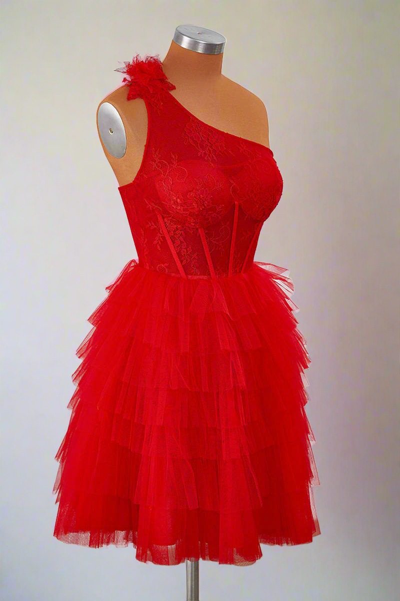 One Shoulder Red Lace Corset Ruffle Short Homecoming Dress Side Shot