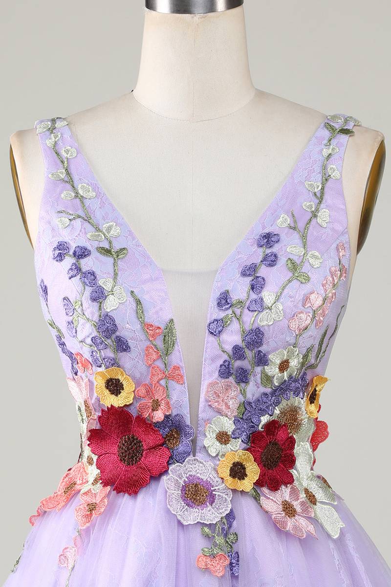 Plunging Neck Lavender Floral Backless Short Floral Dress Front Shot