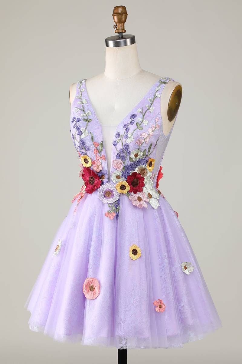 Plunging Neck Lavender Floral Backless Short Floral Dress Full Side Shot