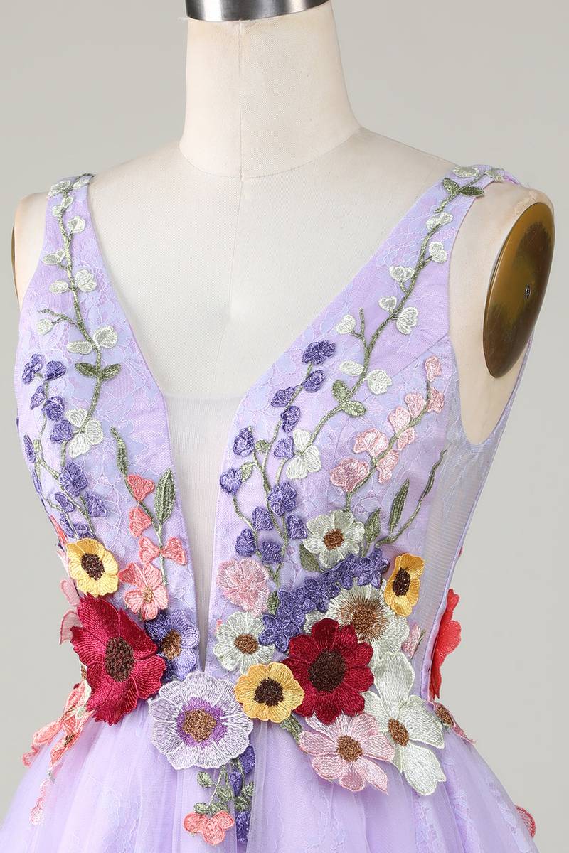 Plunging Neck Lavender Floral Backless Short Floral Dress Side Shot