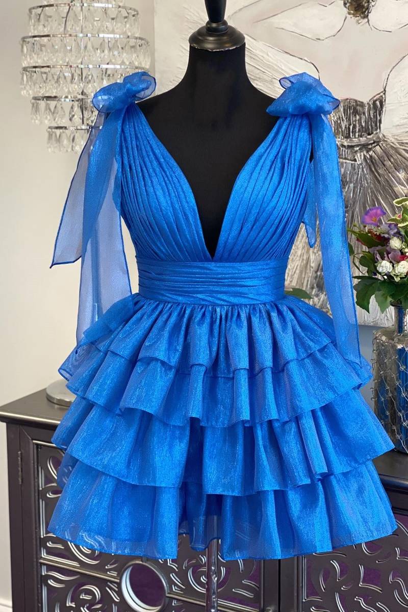 Plunging V-Neck Royal Blue Bow Straps Ruffle Homecoming Dress Full Shot