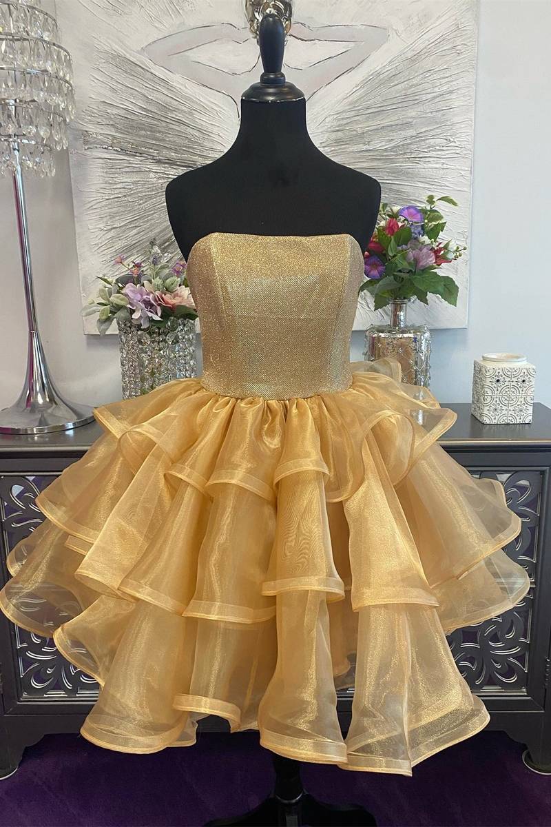 Princess Gold Strapless A-Line Ruffle Dress Full Shot 