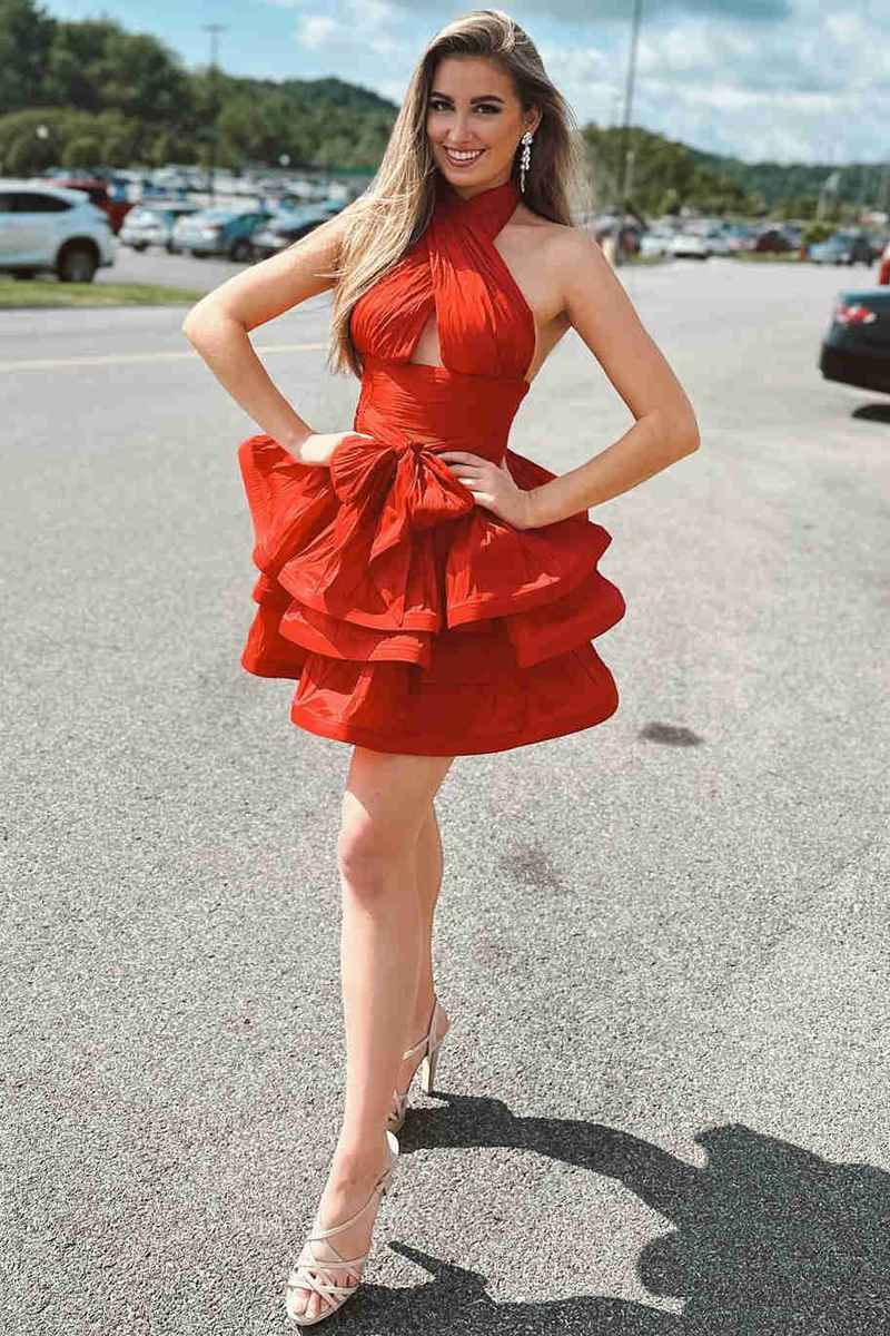 Red Halter Pleated Layered Short Party Dress Full Shot 