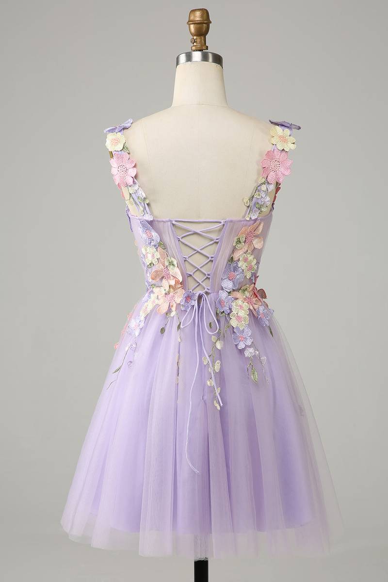 Short Lavender Floral Dress Full Back Short