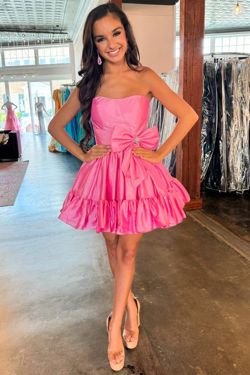 Strapless Pink Taffeta A-line Short Party Dress with Bow Full Shot 