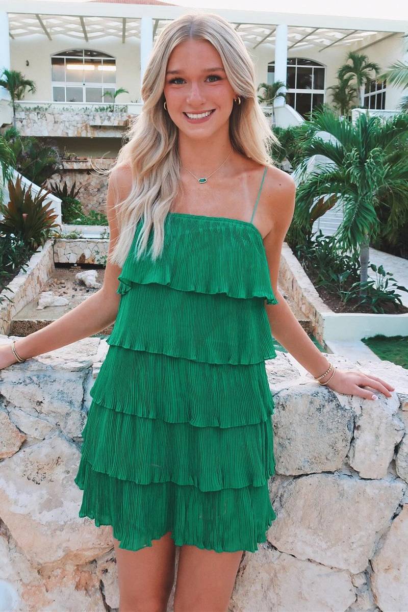 Straps Emerald Green Tiered Short Homecoming Dress Front Shot 