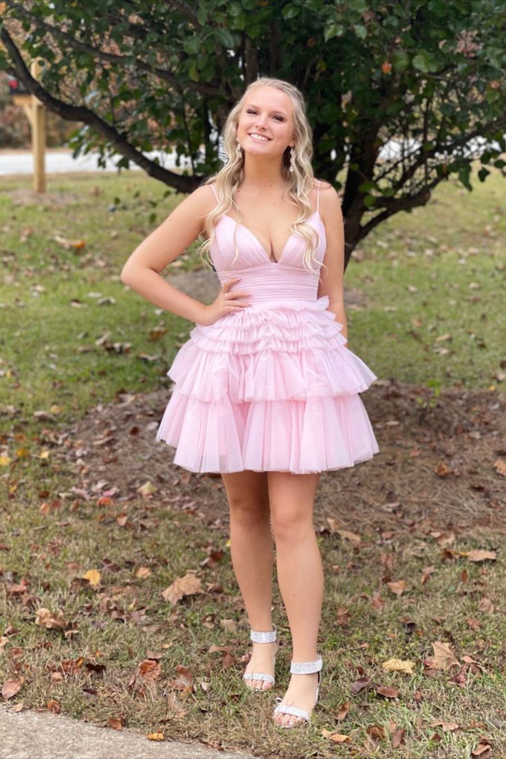 Straps Pink A-Line Short Princess Dress Front Shot 
