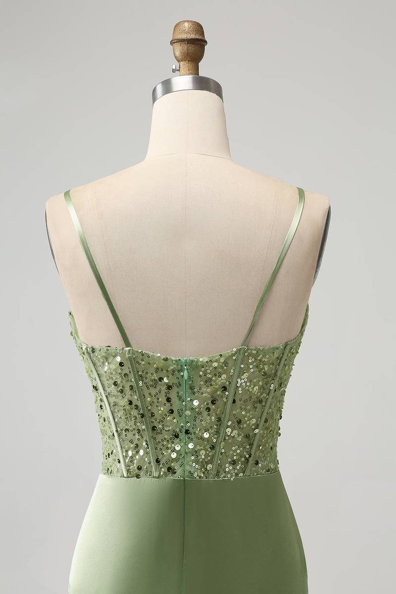Straps Sage Green Sequin Mini Dress Close Up Back Shot