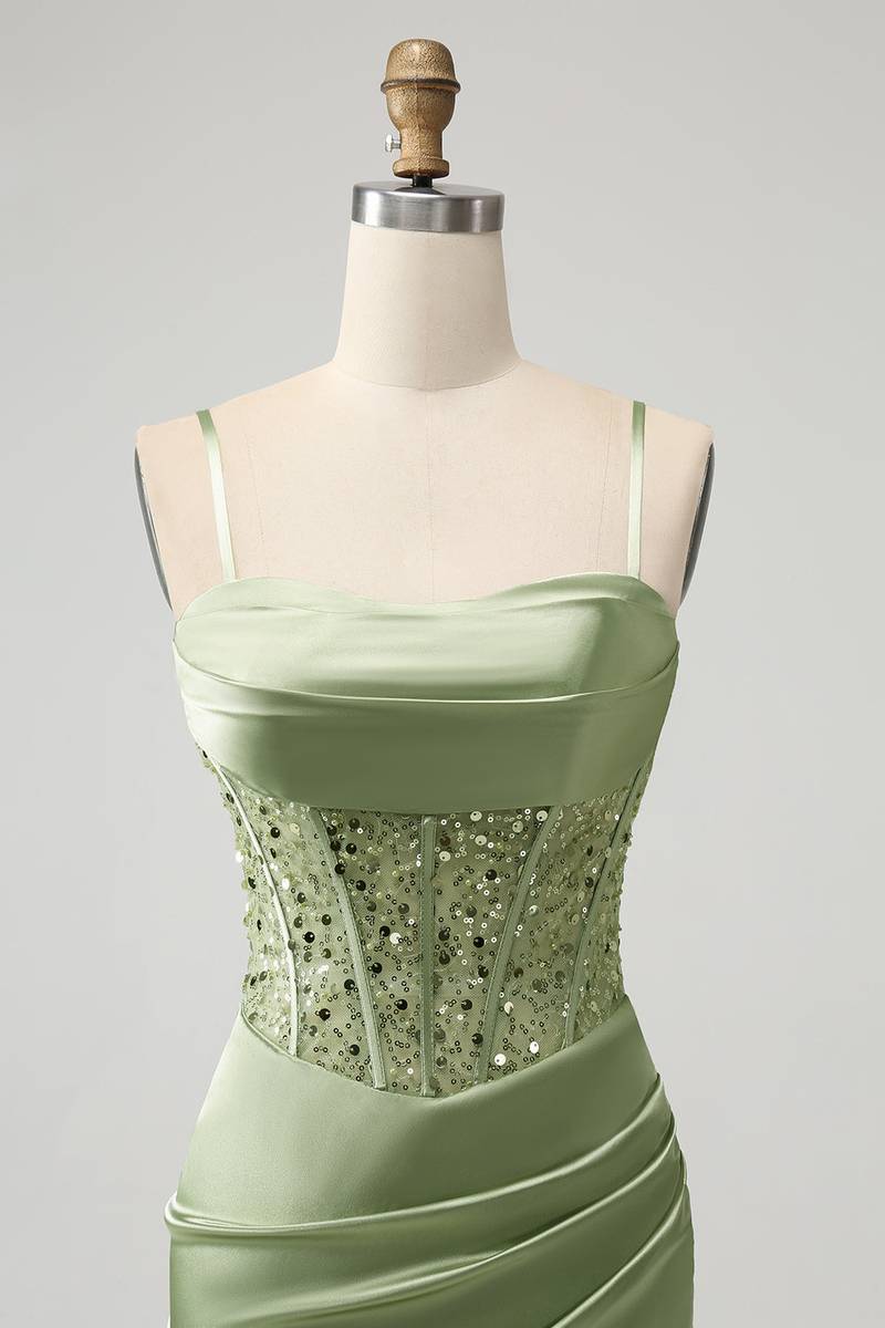 Straps Sage Green Sequin Mini Dress Front Shot