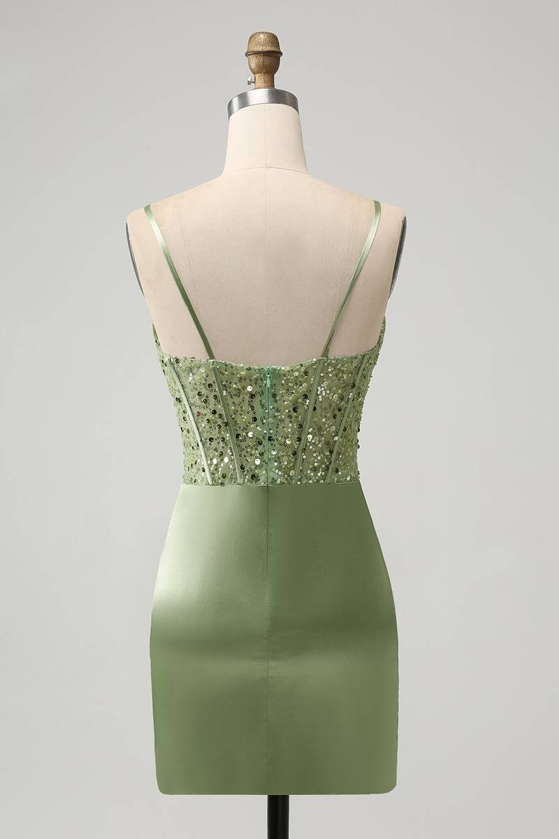 Straps Sage Green Sequin Mini Dress Full Back Shot