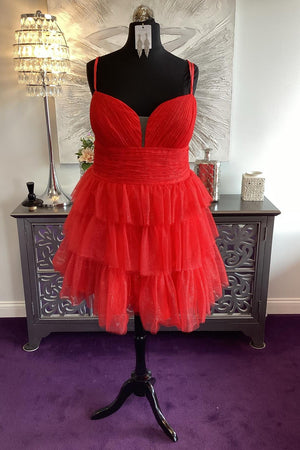 Straps Plunging Red A-Line Tiered Short Homecoming Dress