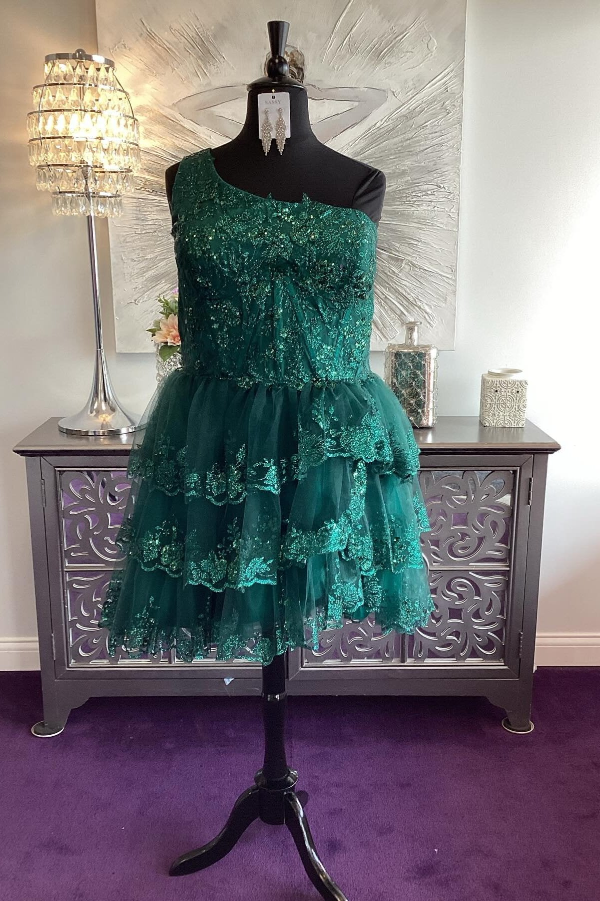 Green One Shoulder Appliques Ruffle Short Homecoming Dress