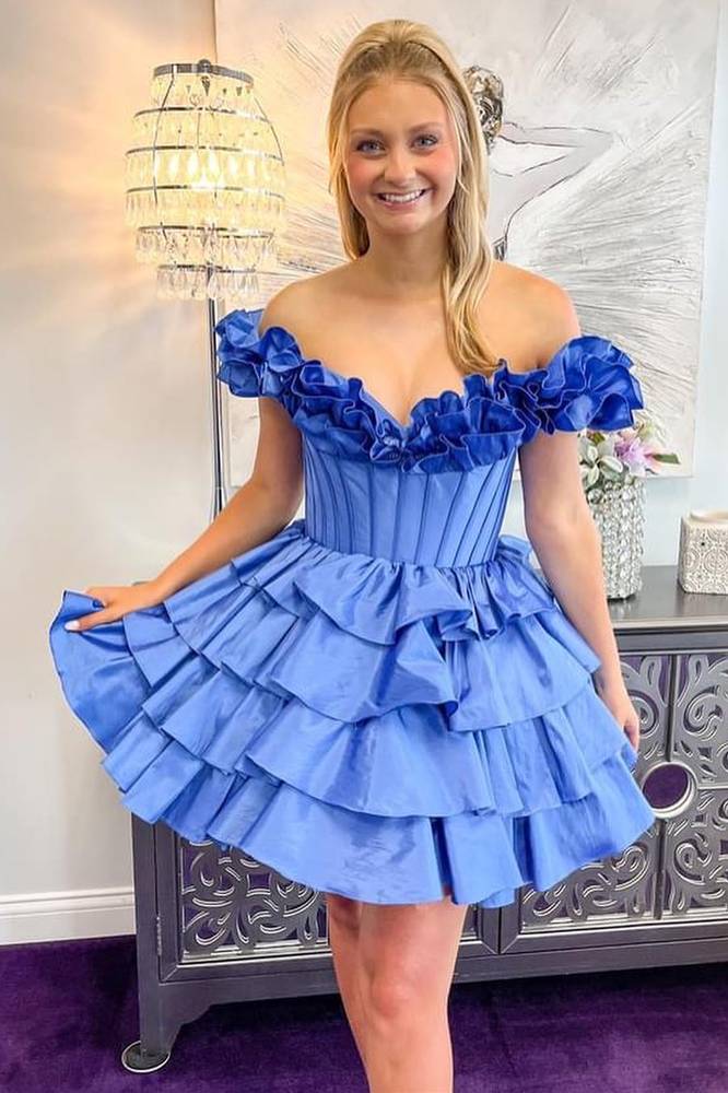 blue off-shoulder ruffle short dress