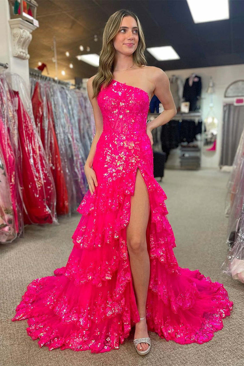 One Shoulder Pink Corset Sequin Tiered Long Formal Dress – FancyVestido