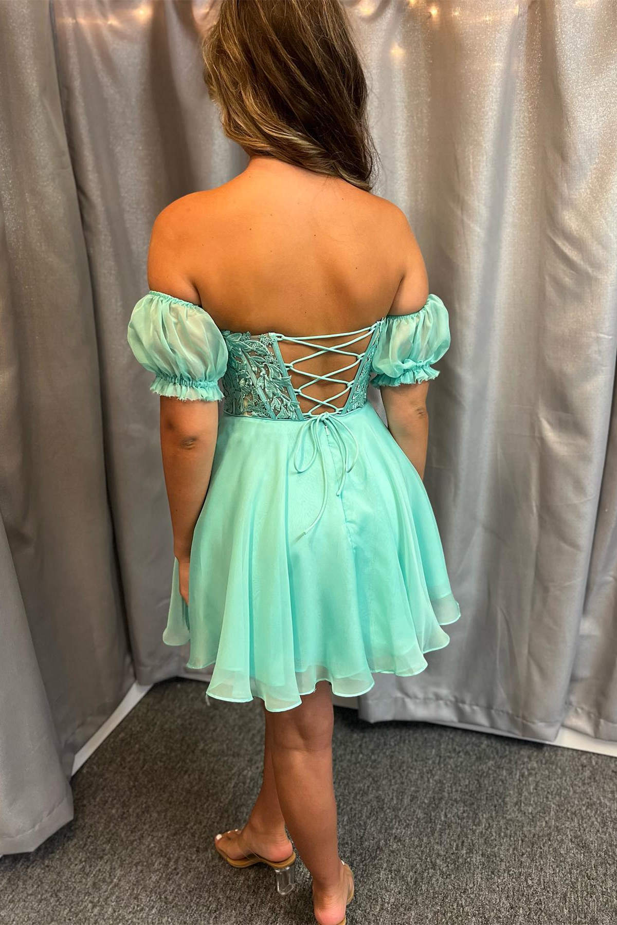 Turquoise Lace Corset A-Line Homecoming Dress with Puff Sleeves –  FancyVestido