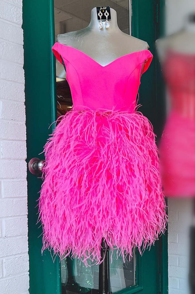 V-Neck Hot Pink Tight Homecoming Dress with Feathered Skirt – FancyVestido