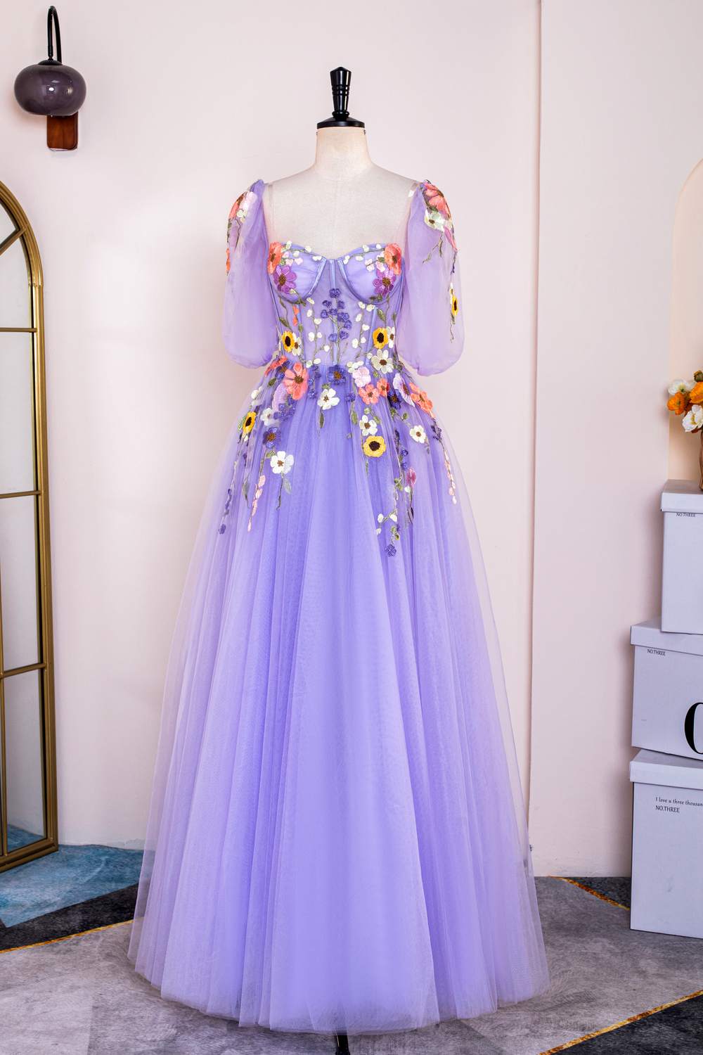 Lavender Floral Puff Sleeves Tulle A Line Long Prom Dress