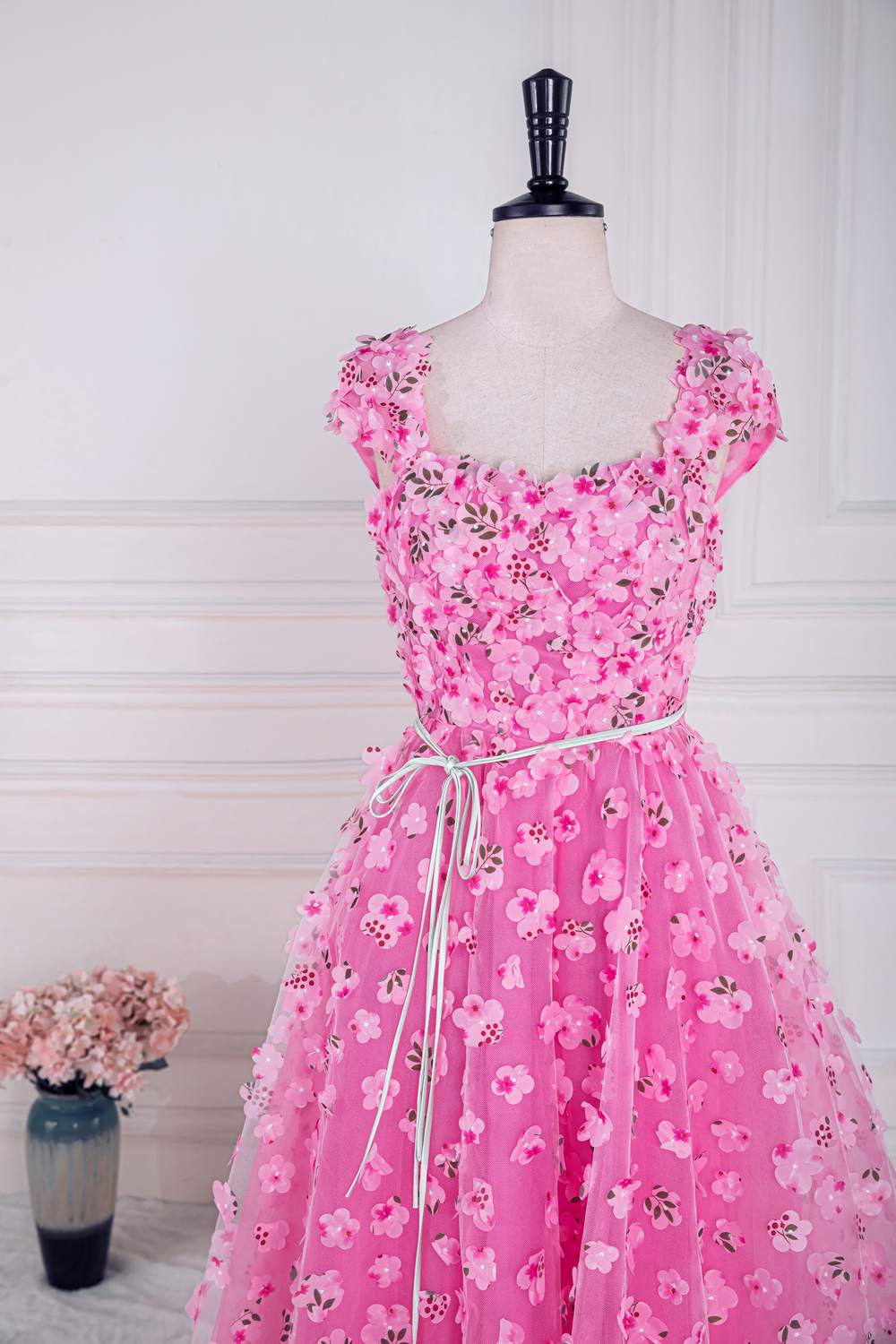 Hot Pink 3D Floral Cap Sleeves A Line Prom Dress with Sash