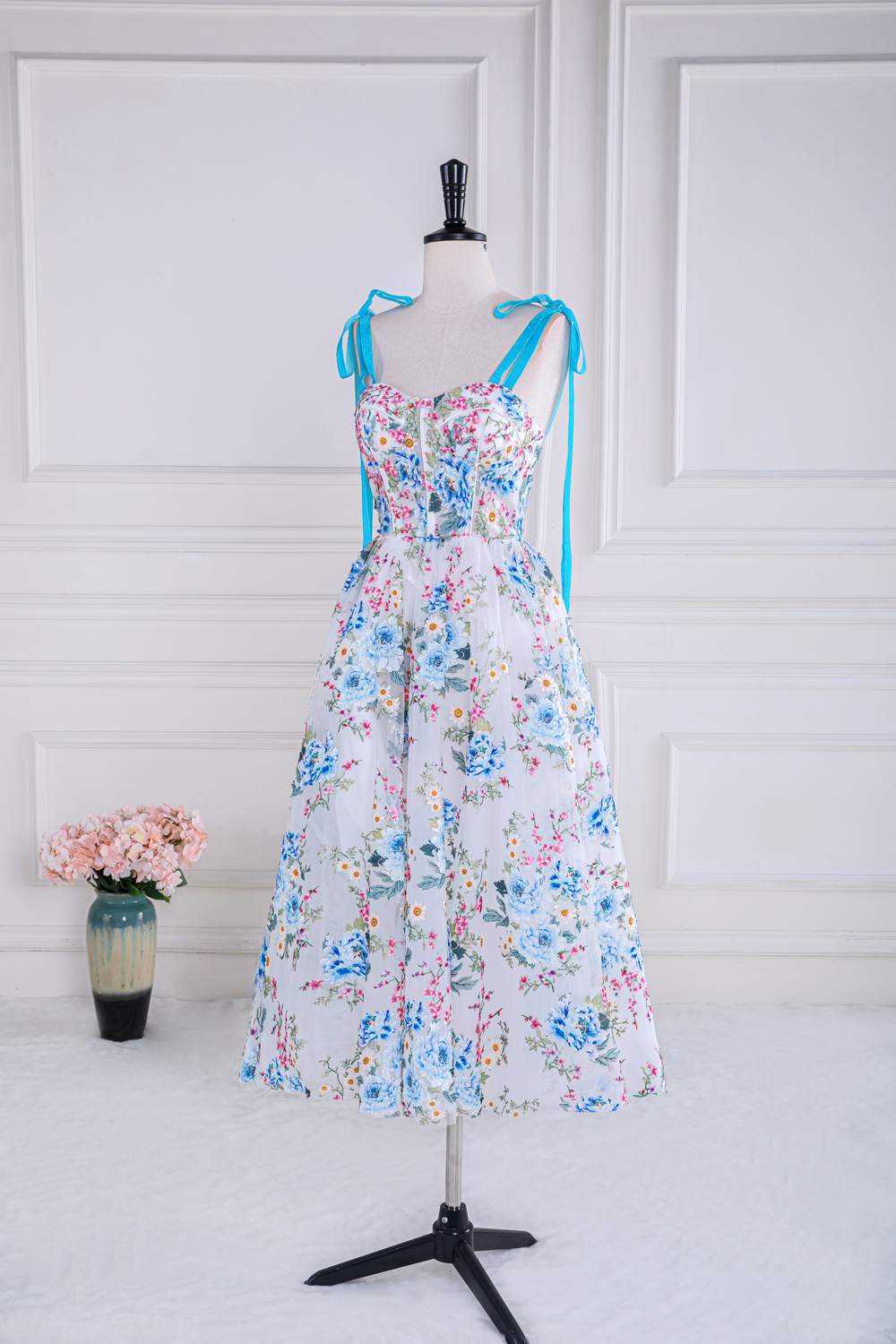 Tie Shoulder Blue Floral Embroidery Tea Length Prom Dress Blue US 10