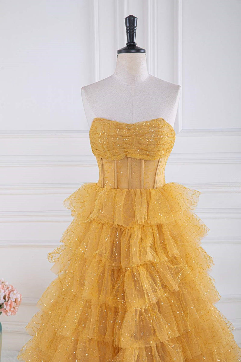 Gold Strapless Sequin Ruffle Layered Long Prom Dress – FancyVestido